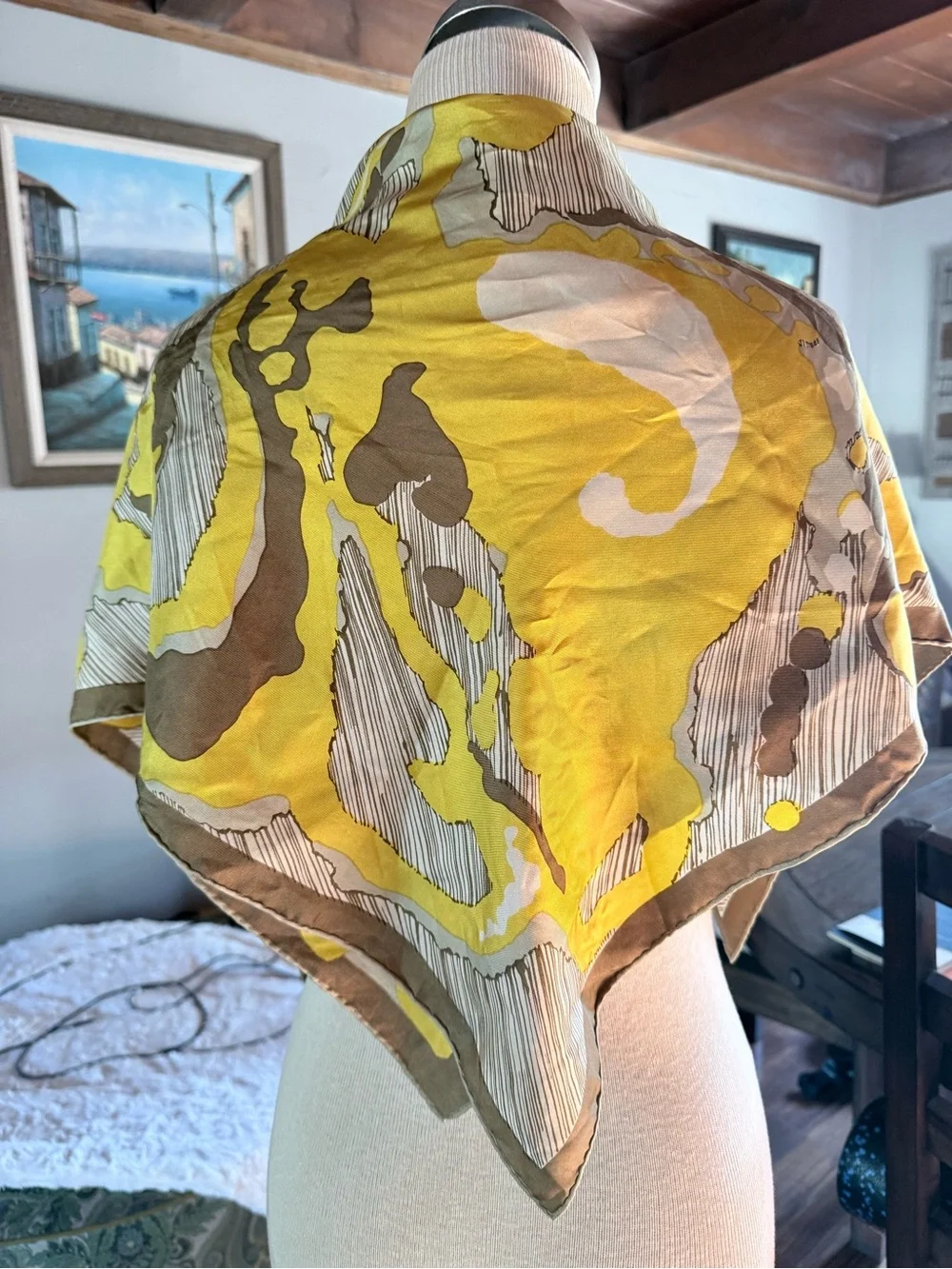 Vintage Christian Dior Yellow & Taupe Silk Scarf